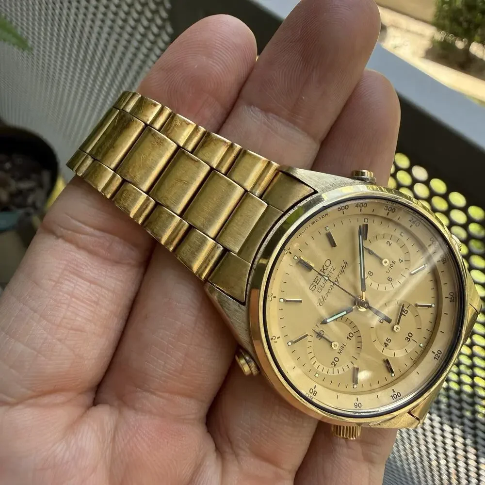 Vintage Seiko Chronograph Watch Men’s 37mm Champagne Dial Gold Tone 7A28-7029